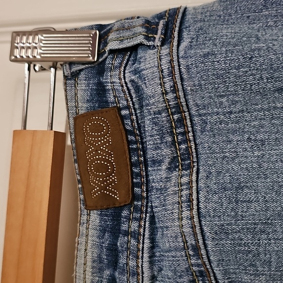 ✨ XOXO Y2K Denim Flare Panel Skirt Raw Hem Size 1/2 - Picture 4 of 5